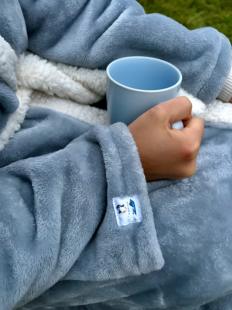 Mano con taza sobre un K'priletto gris de felpa